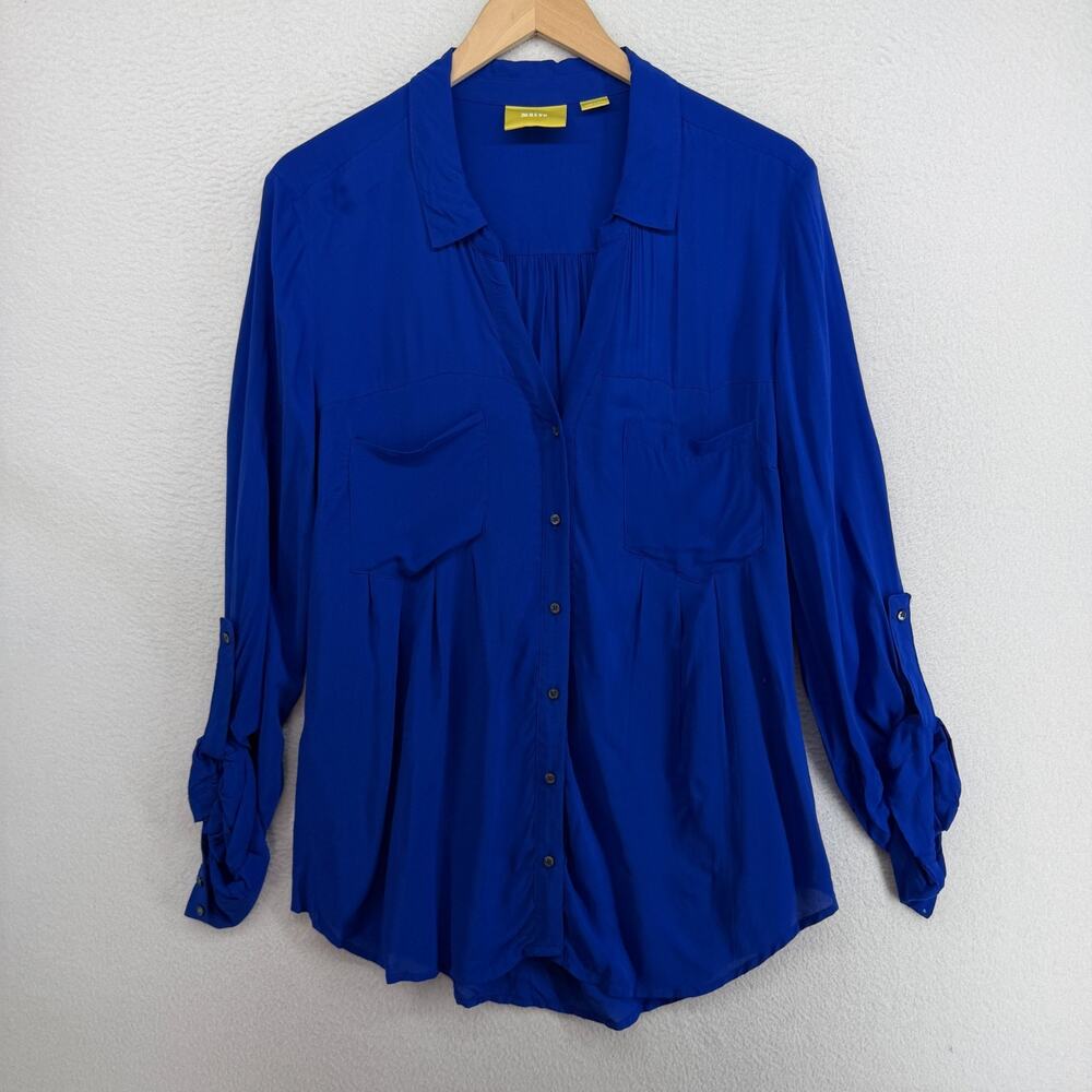 MAEVE Top L ANTHROPOLOGIE Tunic Button Up Shirt Roll Tab Sleeve Rayon Blue